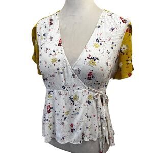 Anthropologie Meadow Rue Floral Wrap Blouse US Size 6 | Flutter Sleeve | Peplum